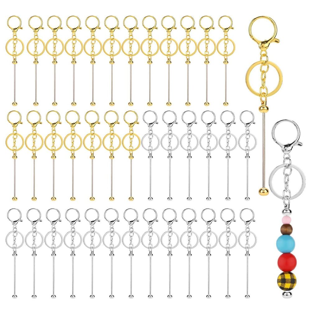 5967 40pcs Beadable Keychain Bars, Metal Beaded Keychain Blank Keychains